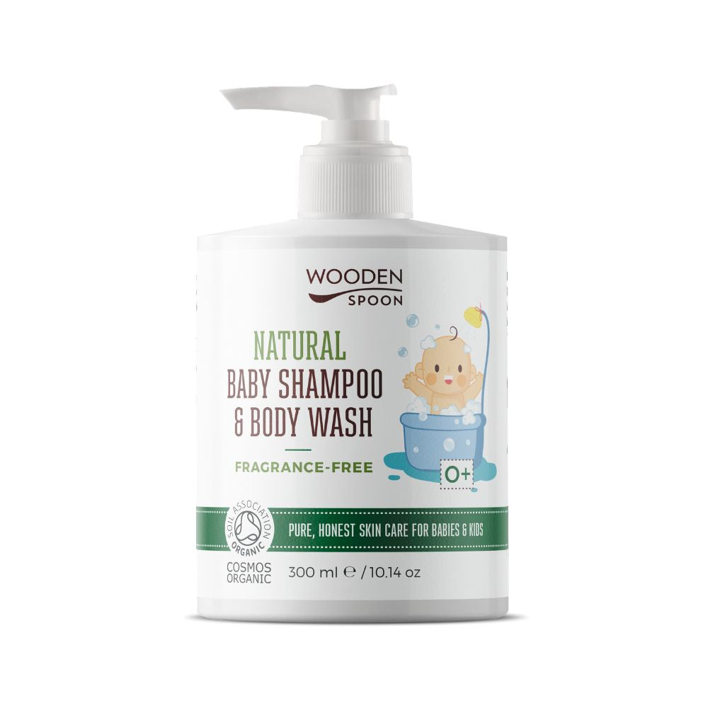 Wooden Spoon Dětský sprchový gel a šampon na vlasy 2v1 bez parfemace BIO (300 ml) - šetrná péče pro děti již od narození Wooden Spoon