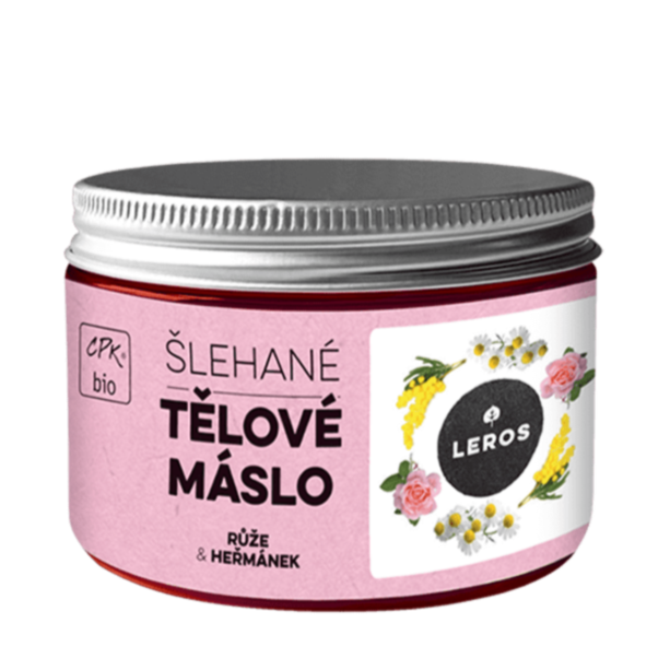 LEROS Šlehané tělové máslo BIO (150 ml) - Růže & heřmánek - II. jakost - nezanechává mastný film LEROS