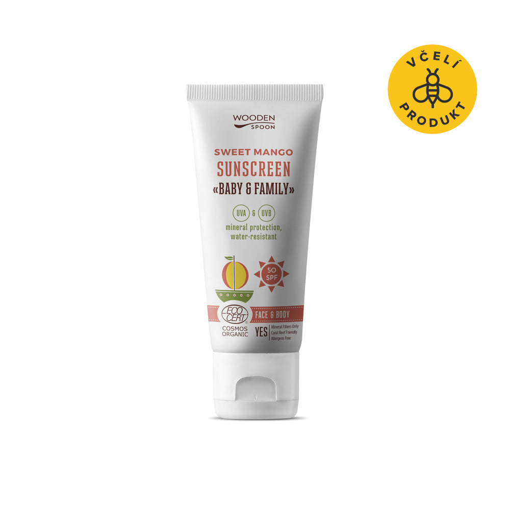 Wooden Spoon Opalovací tělové mléko Mango Baby & Family SPF 50 BIO - 100 ml - voděodolné