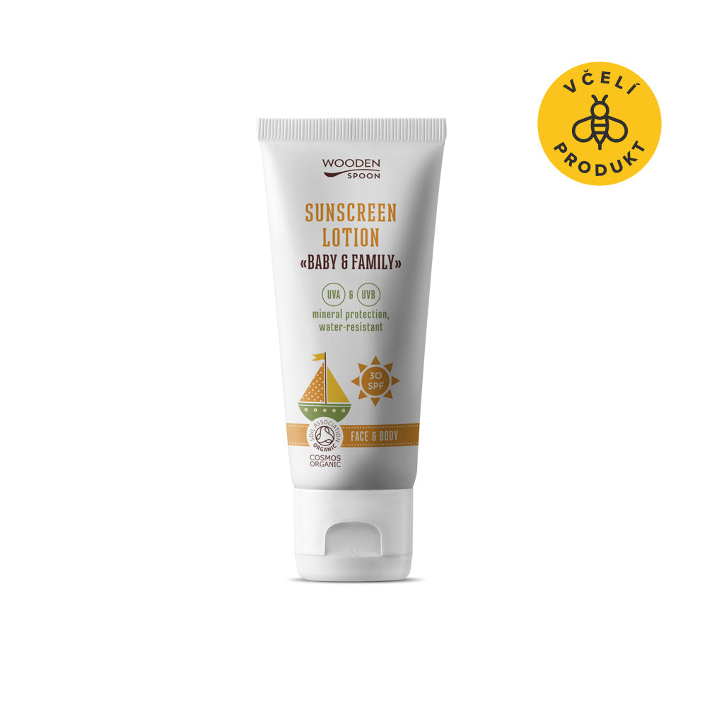 Wooden Spoon Opalovací tělové mléko v tubě Baby & Family SPF 30 BIO - 100 ml - II. jakost - voděodolné